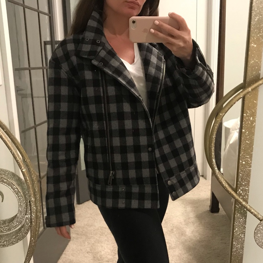 Grey and black plaid bomber jacket